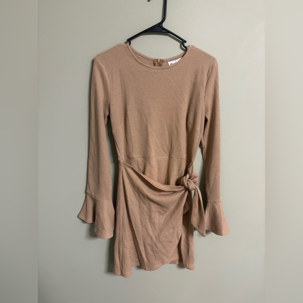 Hello Mello You For Me Long Sleeve Tan Casual Dress Size Large Waffle Knit New - Picture 3 of 8